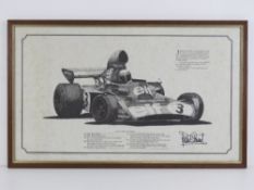 Print signed by Jackie Stewart; 'Portrait of a Champion - Jackie Stewart' by Stewart Austin,