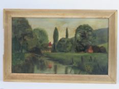 Oil on board, naive study of a riverside