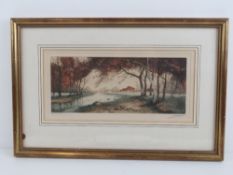 Print; Autumnal riverside scene, buildin