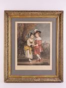 Coloured print; young boy and girl in ru