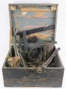 A quantity of assorted ephemera including; WWII era wooden transit case, German gas mask in tin,