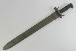 A WWII US Springfield bayonet having full length blade marked 1942, with scabbard.