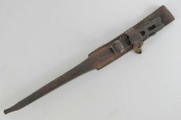 A WWII US Johnson rifle bayonet with leather sheath/frog.