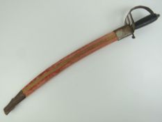 An Indian short sword having wooden grip and red velvet scabbard. blade 46cm in length.