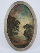 Cabinet oval portrait easel frame: an oval oil on paper in a steel framed (cabinet sized) easel