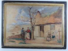 Watercolour Welsh School; fishermans thatched cottage, female in traditional Welsh costume,