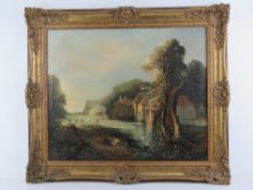 Oil on canvas; rural waterside scene figures with trees and buildings beyond, unsigned, 49 x 59cm.