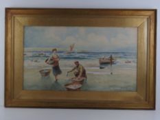 Watercolour; beachside scene, fishermen with recently landed catch, landfall and skies beyond etc,