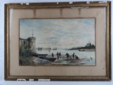 Watercolour; harbour scene, fishermen drawing nets at Berwick (on Tweed),