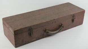 A vintage wooden tool box with leather handle, measuring 66 x 22 x 15cm.