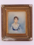 Watercolour; portrait of a late Georgian lady with oversized eyes, lace shoulder covering, unsigned,