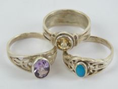 Three silver rings; turquoise size L, amethyst size M, and citrine size L.