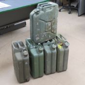 Five 20L 'Jerry' petrol cans, dated 1980