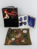 A Tokyo 7 patent wash bag having labels upon, together with costume jewellery, scarf, photo frame,