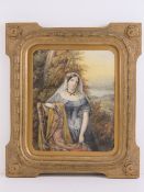 A delightful Welsh School watercolour portrait study of a standing female in bridal gown with