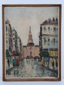 Oil on board; mid 20th century French street scene, signed lower right, 40.5 x 29.5cm.
