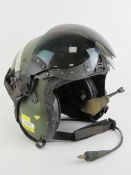 A Pilots helmet with microphone, ear pieces, liner, clear and dark lenses and connector.