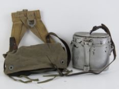 A reproduction WWII German A frame bag and mess tin.