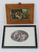 Coloured print on celluloid, biblical stable birth scene, in moulded maple frame,