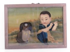 An Oriental painting on glass, young child with bamboo flute, Pekingese beside, unsinged, 33 x 48cm.