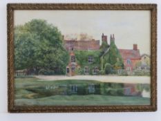 Watercolour; study of a ivy clad house, railings and pond before, chestnut tree beside,
