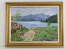 Oil on board; Impressionist lake view, fields before lake, mountains and sky beyond.