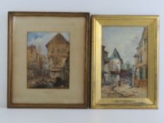 Watercolour; Continental canal street scene, buildings, tower and sky beyond, attributed R.