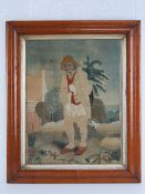 A late 18thC painted silk and wool embroidery depicting a man in front of farmhouse,
