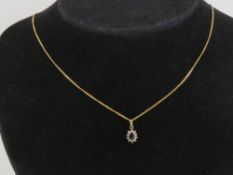 A 9ct gold sapphire floral pendant having gallery of white stones surrounding the central oval cut