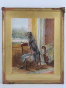 Watercolour; 'Pining for Master' dog looking pensively out of a window, masters slippers beneath,