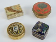 A floral cloisonné pill box, 3cm wide together with three other assorted contemporary lidded boxes.