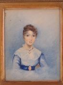 Watercolour; portrait of a late Georgian lady with oversized eyes, lace shoulder covering, unsigned,