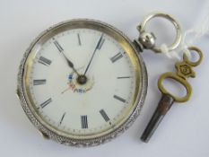 A silver key wind fob watch having white enamel dial with floral wreath to centre,