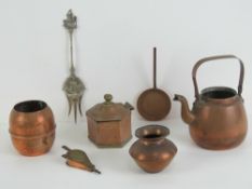 A quantity of assorted miniature copper items inc vase, frying pan, fire bellows,