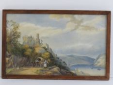 Watercolour; rural Continental scene, ox cart with castle beyond, lakes and boats below etc,