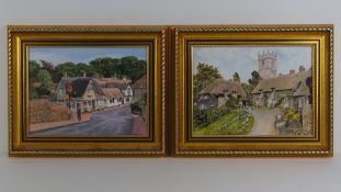 A pair of contemporary oil on board paintings of village scenes,