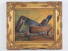 Oil on board; vintage tools inc hand drill, plane and set square, signed lower left G Ward.