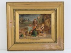 Oil on board; 'brush and wash' young children bathing a doll, attributed P. Cook, 15 x 19cm.