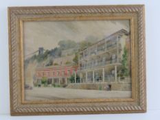 Watercolour; the colonnade Hotwells Bristol, Clifton Suspension bridge beyond, c1930s, 24 x 33cm.