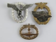 Three reproduction WWII German badges; Pilots, E-Boat and U-boat.