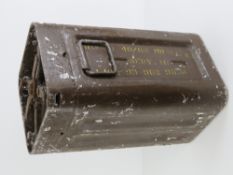 A British Army 40mm Bofors transit steel case having labels and stencilling upon.