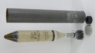 An inert British 81mm M301A2 Illumination Mortar with fuse in transit case (case missing the cap),
