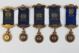 The Royal Antediluvian Order of Buffaloes (RAOB); five Primo GLE jewel medals c1941-1948 being;