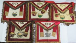 The Royal Antediluvian Order of Buffaloes (RAOB); Five velvet and lamb skin KOM aprons,