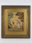 A late 18thC painted silk and wool embroidery depicting a man directing a child carrying a bale of