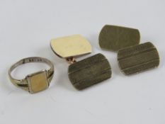 A pair of 9ct gold on silver cufflinks, together with a 9ct gold on silver signet ring size K-L.