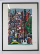Oil on card stuck down; a colourful abstract impression of a harbour side scene,