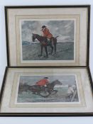 Coloured print; portly huntsman on galloping Chestnut, together with another print,