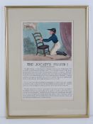 'The Jockeys Prayer' a cartoon print dated 1902 by P Ackermann, 38 x 25cm.