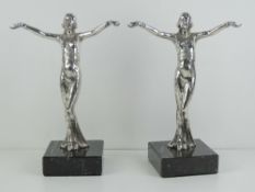 After Joseph Lorenzi 'Allegory of Victory'; a pair of silver plated Art Deco female dancers,
